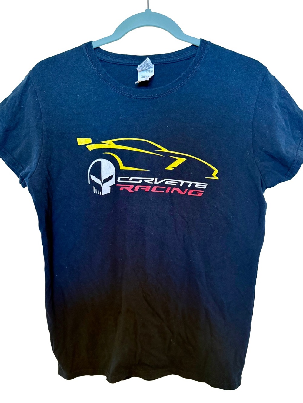 Gildan Black Ladies Corvette Racing Graphic Tee with Yellow & Red Print